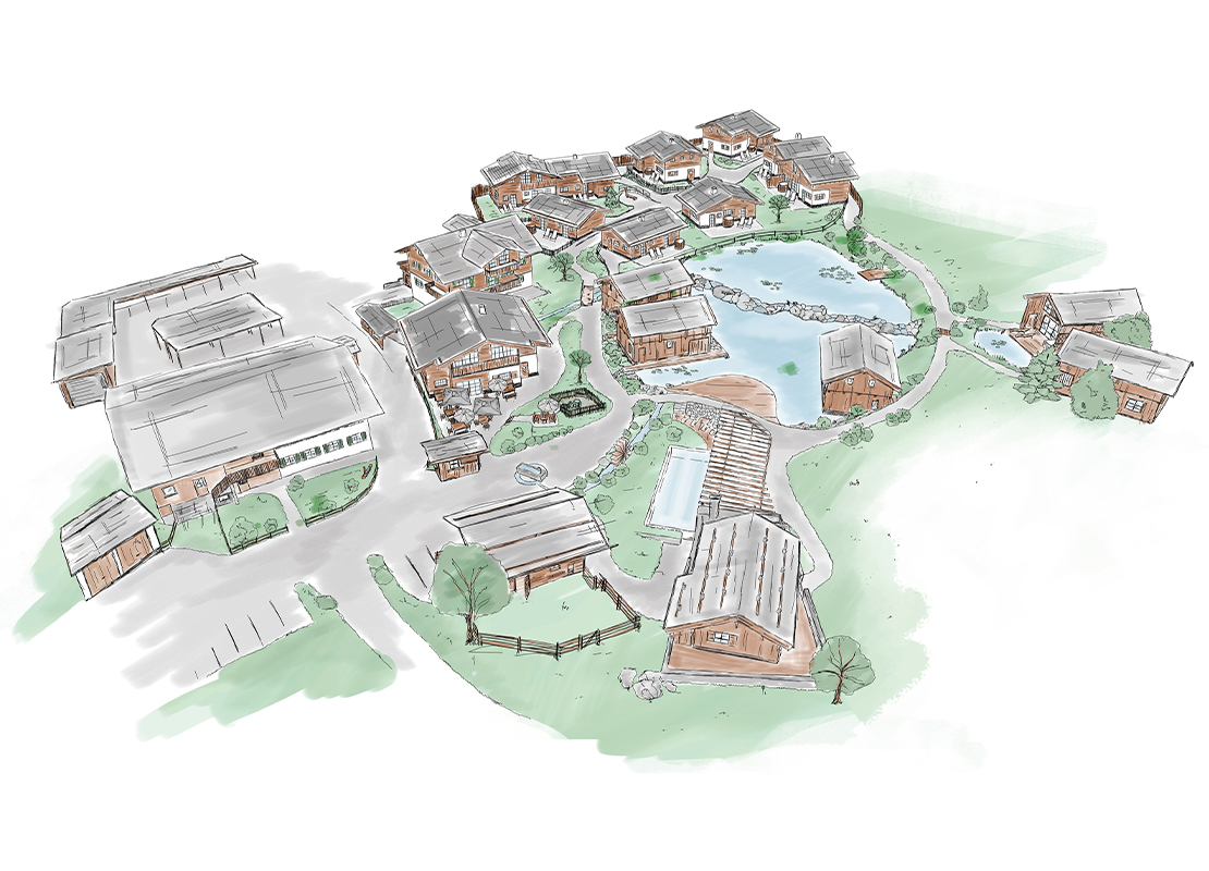 Eine skizzenhafte Darstellung einer Siedlung mit mehreren Gebäuden, die um einen zentralen Teich gruppiert sind. Die Architektur ist rustikal, mit Holzfassaden. Rund um die Gebäude befinden sich Bäume und ein Spazierweg, der zum Teich führt.