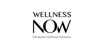 Logo mit dem Text "WELLNESS NOW" in stylischer Schrift. Darunter steht "Die besten Wellness-Adressen". Der Hintergrund ist weiß, und die Schrift ist hauptsächlich schwarz.